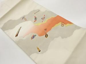 引箔道長取りに和楽器・蝶・鳳凰模様織出し名古屋帯